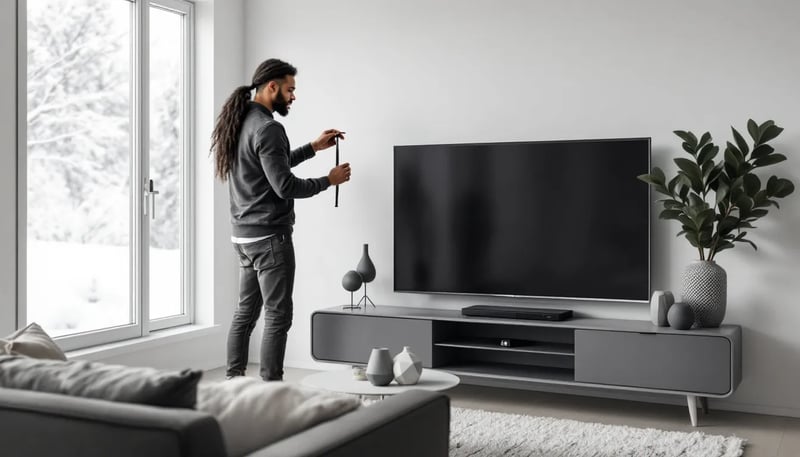En person som mäter avståndet mellan en TV och soffan för att hitta rätt TV-storlek.