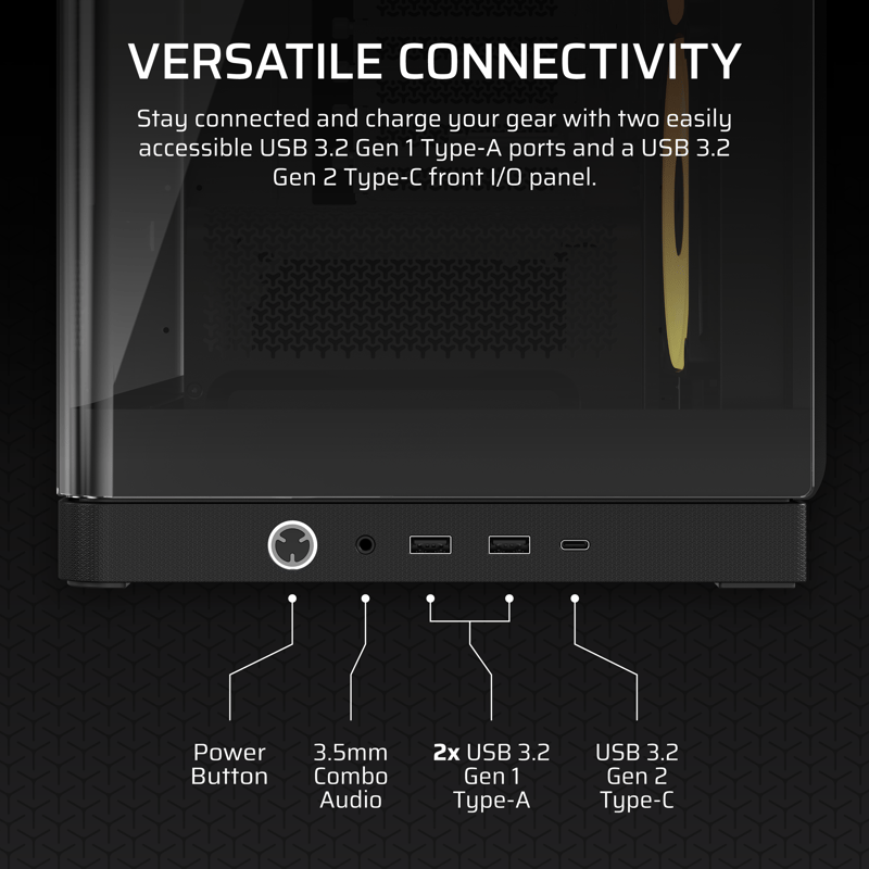 Frontpanel med USB-C, 2x USB 3.0, Hörurs/mic utgång och 
