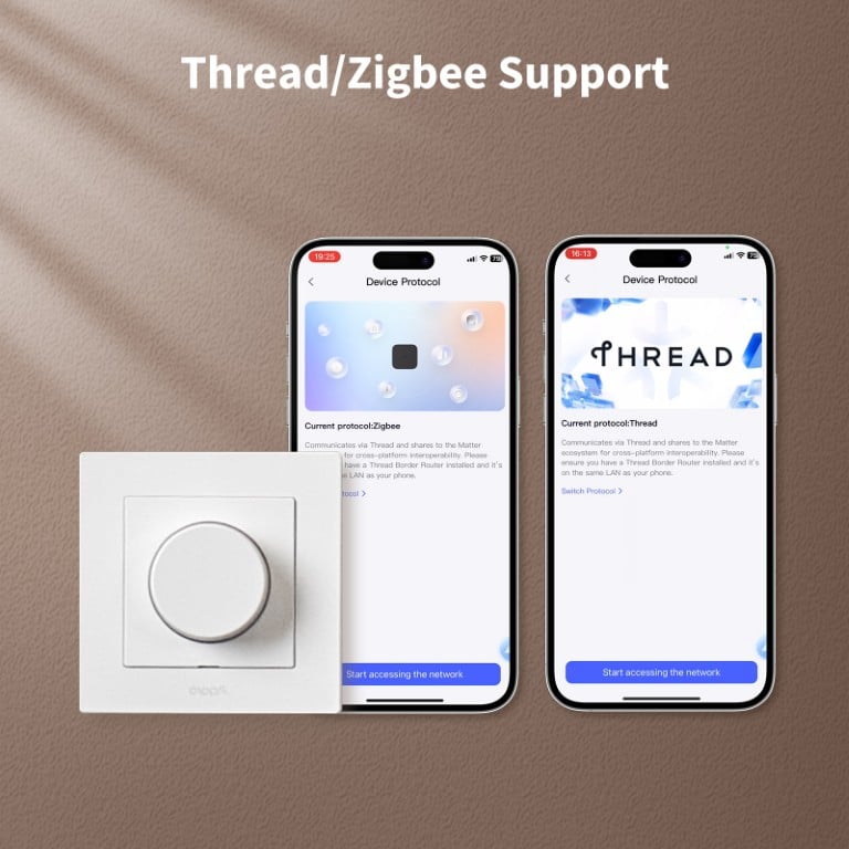 Bild på väggdimmer och två telefoner med thread och zigbee