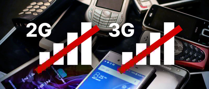 Gamla mobiltelefoner och överstruken 2G och 3G