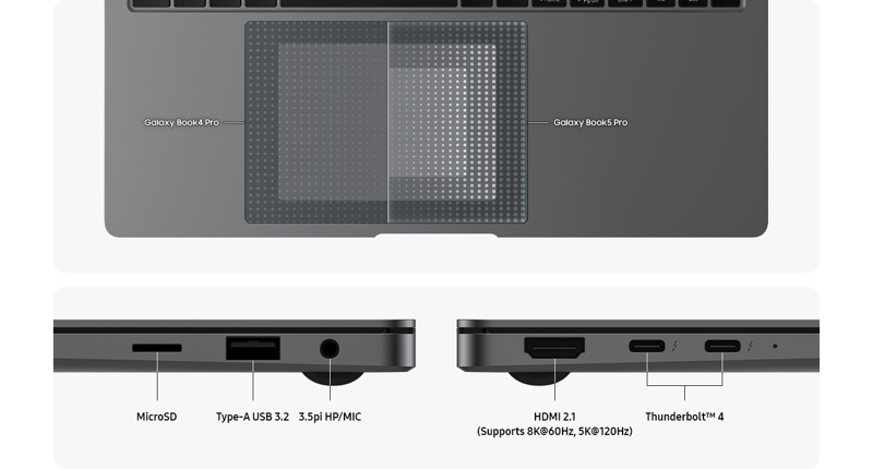 ### Lagring och anslutningar för professionellt bruk Den stora 1 TB SSD-lagringen ger gott om utrymme för stora projekt, samtidig snabb åtkomst och korta laddningstider för filer och applikationer. Med USB-C/Thunderbolt-portar, USB-A och stöd för Wi-Fi 7 och Bluetooth gör Galaxy Book5 Pro det enkelt att ansluta till externa skärmar, nätverk och tillbehör med maximal flexibilitet.