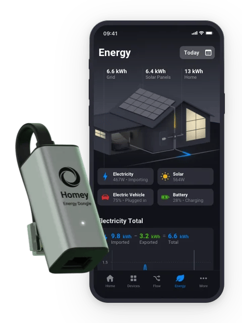Homey Energy Dongle P1 och smartphone med Homey appen