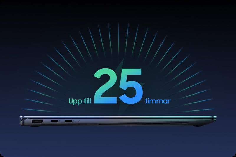 ### Batteritid och portabilitet du kan lita på Ett högeffektivt batteri i kombination med optimerad energihantering ger upp till cirka 21 timmars videotid på en enda laddning – perfekt för långa arbetsdagar eller resor utan ständig tillgång till ström. Snabbladdningsstöd ger betydande batteriökning på kort tid, vilket snabbt får dig tillbaka i arbete. Med en vikt på omkring 1,23 kg och en tunn profil på 11,6 mm är Galaxy Book5 Pro lätt att ta med sig i väskan utan att tumma på prestandan.