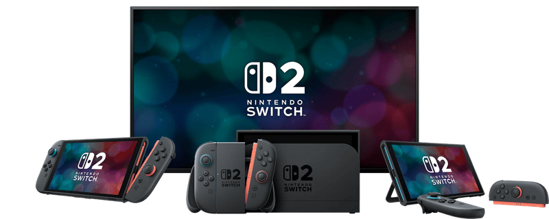 Nintendo Switch 2 med tillbehör framför en TV