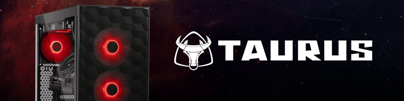 Taurusdator med röda fläktar och Taurus logotyp