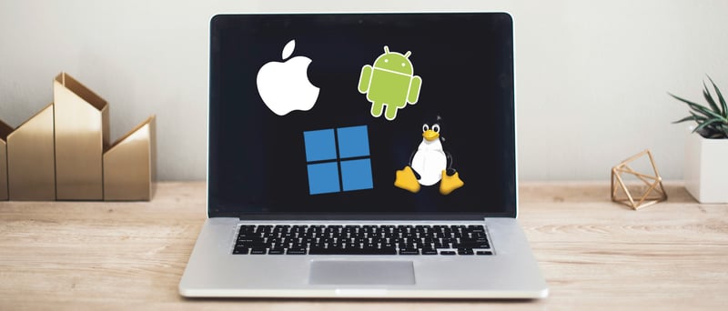 Laptop med logotyper för Mac, Windows, Android & Linux