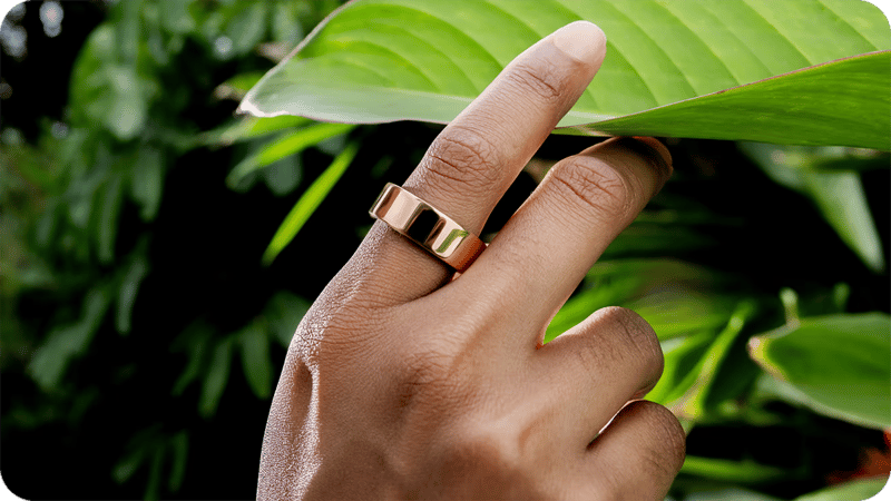 En hand med ring på fingret som tar i ett grönt blad