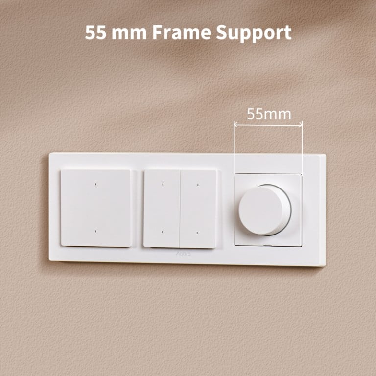 Två väggbrytare och en dimmer med beskrivande text att 55mm ramar passar