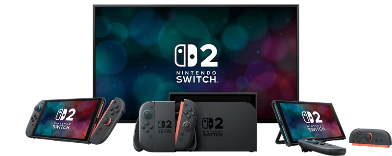 Nintendo Switch 2 med tillbehör framför en TV