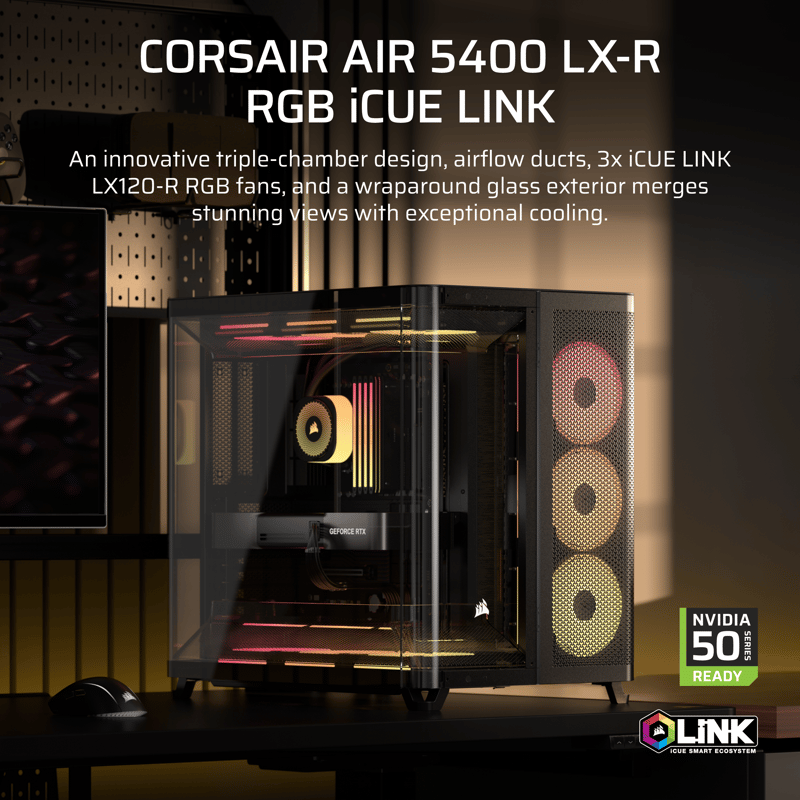 Boîtier PC Corsair AIR 5400 LX-R - Triple Chambre, Panoramique, Compatible AIO 360mm Et Mères à Connexion Inversée