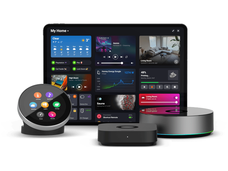 Homey Portal tillsammans med Homey Pro och Pro Mini samt en generisk surfplatta