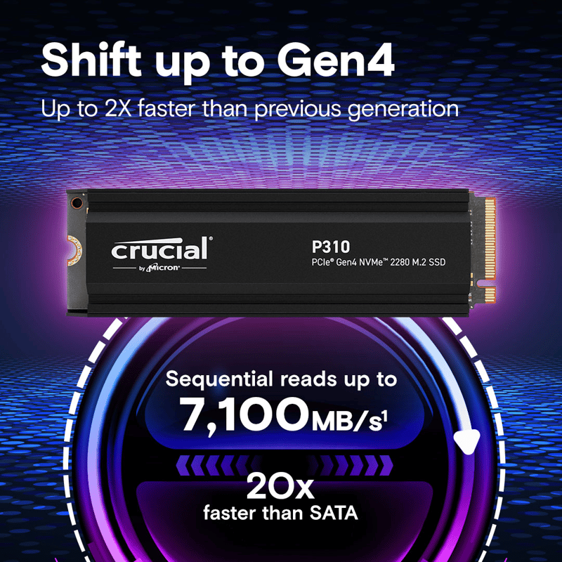 Bild på Crucial P310 som visar hur snabbt Gen 4 NVMe SSD är