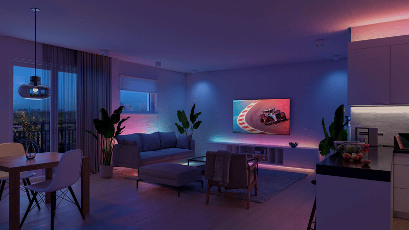 ### Anpassad för moderna smarta hem Som en del av Hue-ekosystemet fungerar Hue Essential LED list tillsammans med övriga Hue-produkter för ett enhetligt smart belysningssystem. Du kan gruppera flera ljuskällor, synkronisera dem mellan rum och skapa helhetslösningar för hela bostaden. Kombinationen av 5 meters längd, justerbar färgtemperatur, färggradienter och smart styrning gör denna LED-list till ett flexibelt alternativ för dig som vill bygga ut eller uppgradera din smarta belysning med diskreta men effektfulla ljusinstallationer.