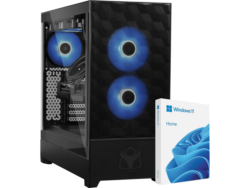 Dator med blåa fläktar och Windows 11-förpackning