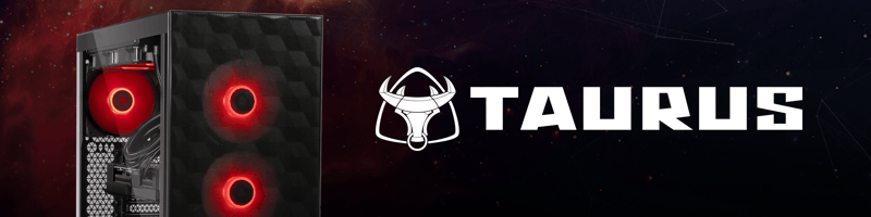 Taurusdator med röda fläktar och Taurus logotyp