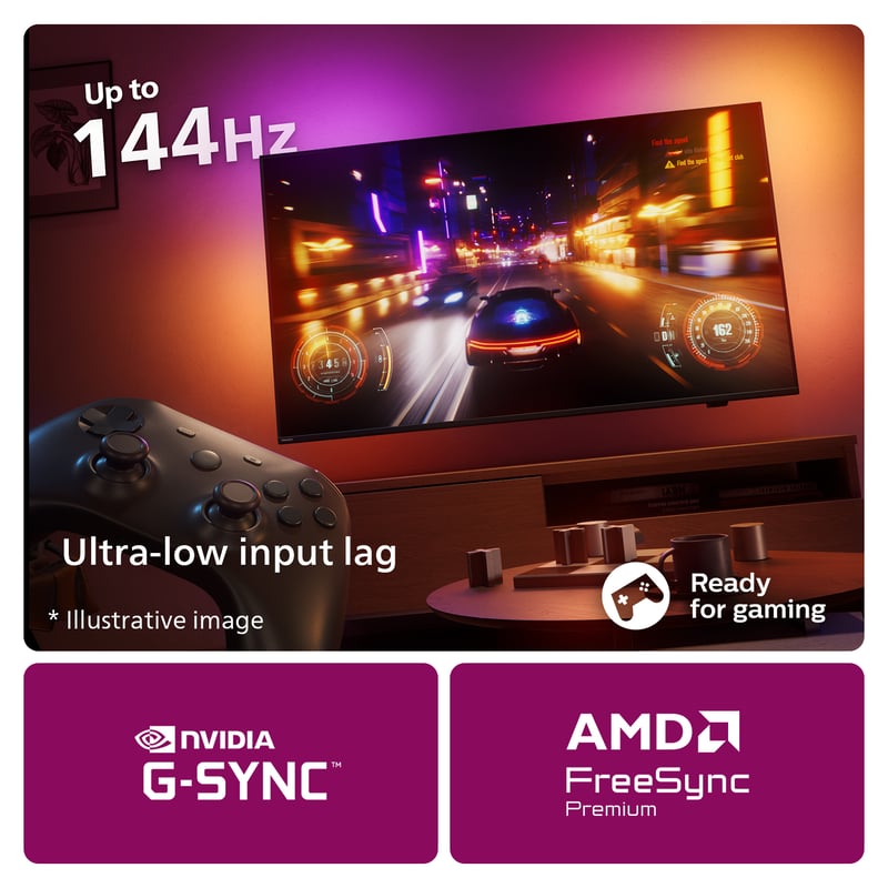 Fantastisk gaming. Ultralåg input lag, 144 Hz* VRR, G-sync, FreeSync.