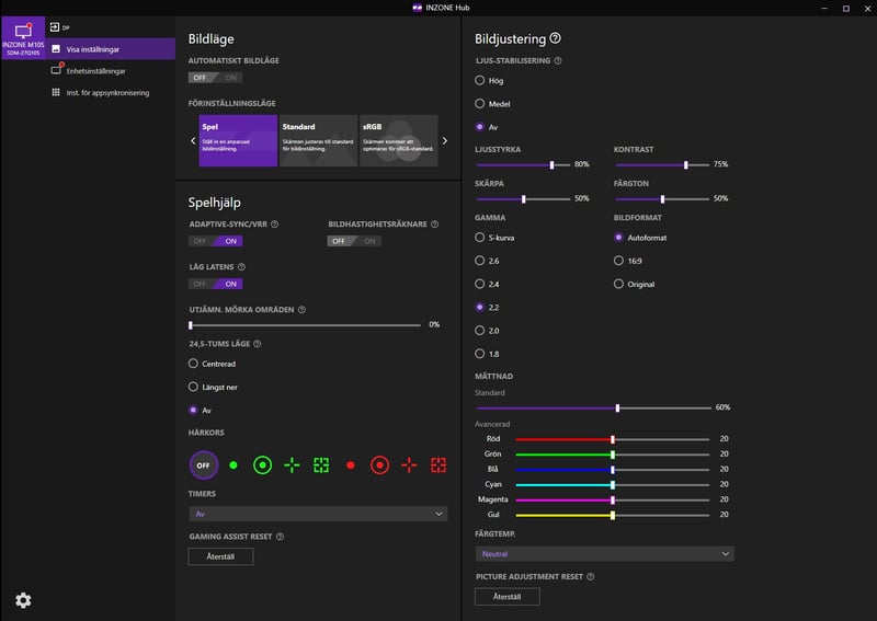 Inställningar inzone