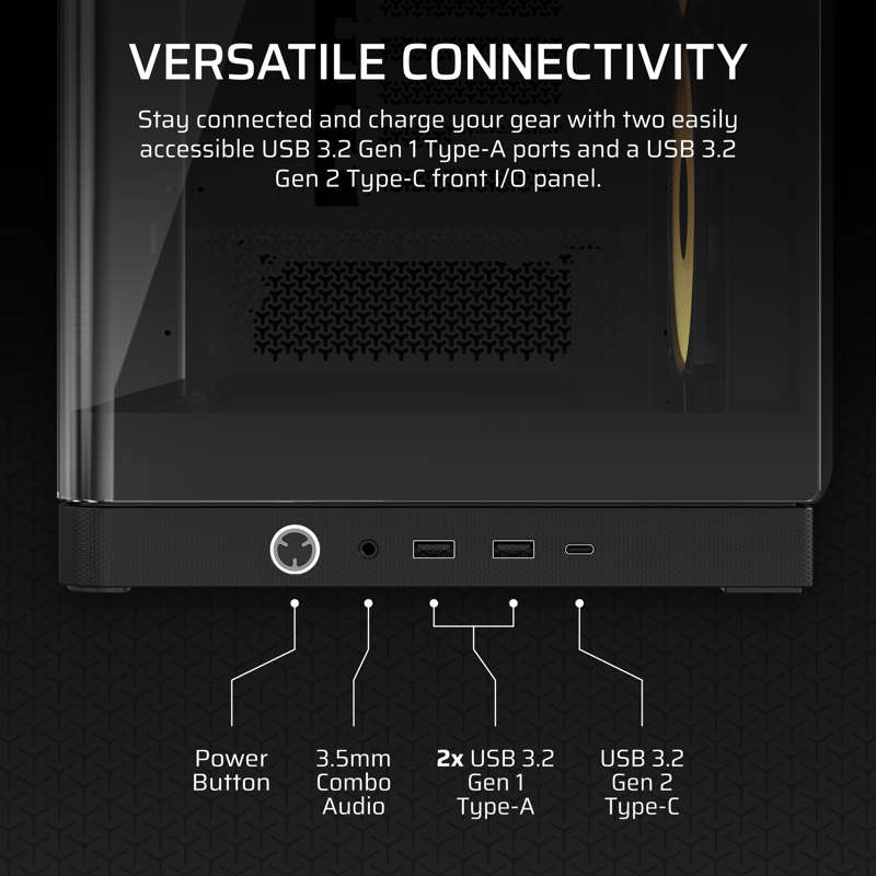 Frontpanel med USB-C, 2x USB 3.0, Hörurs/mic utgång och 
