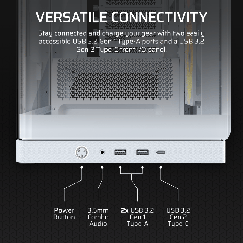 Frontpanel med USB-C, 2x USB 3.0, Hörurs/mic utgång och 