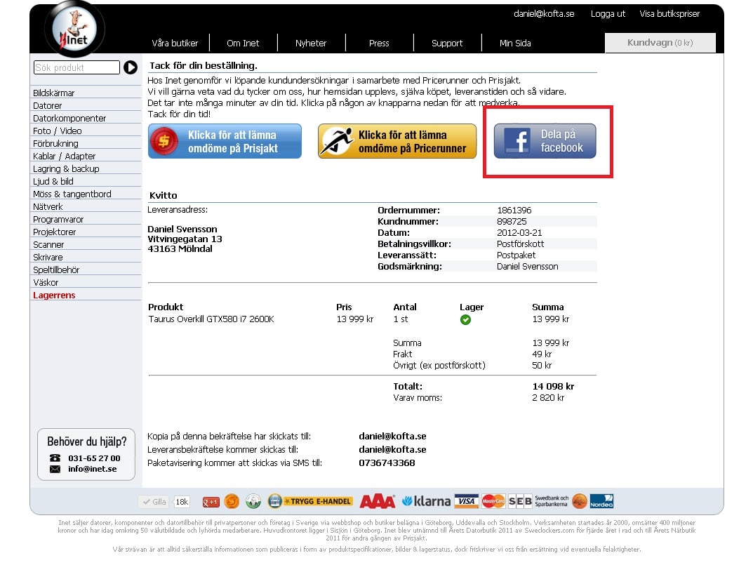 Dela din order eller kundvagn på Facebook!