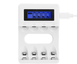DELTACO USB batteriladdare för 4xAA/AAA Ni-MH/Ni-Cd batterier, vit