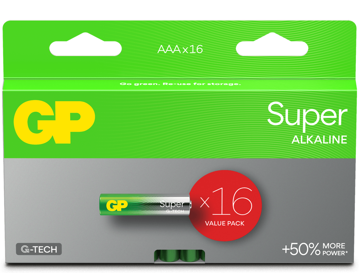 GP Super Alkaline Battery, Size AAA, 24A/LR03, 1.5V, 16-pack