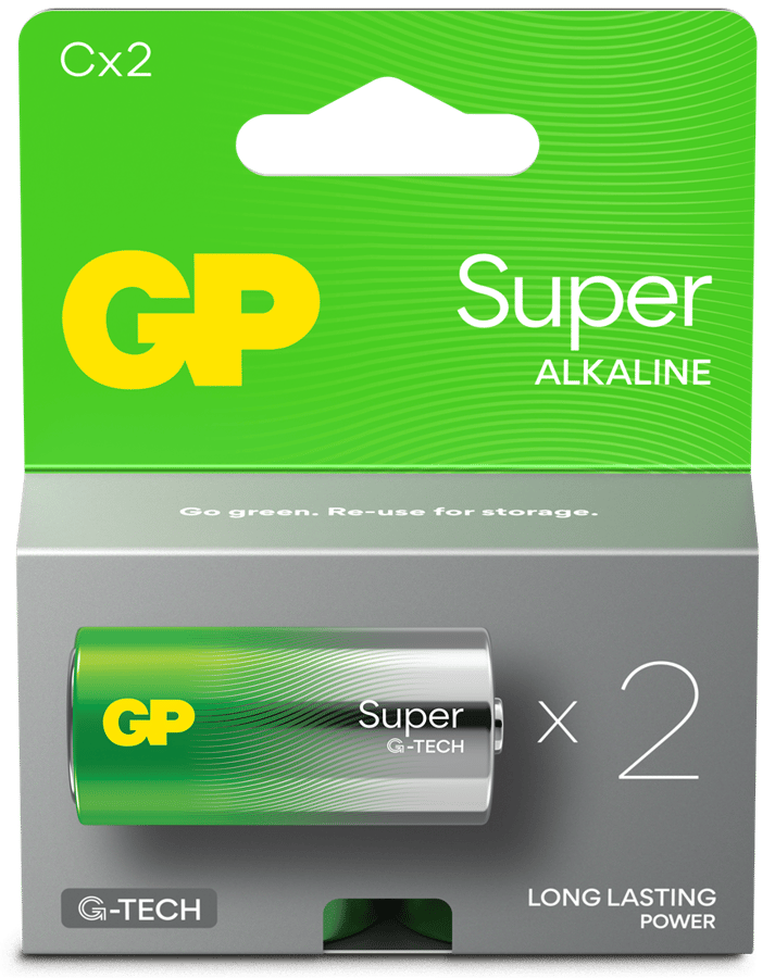 GP Super Alkaline Battery, Size C, 14A/LR14, 1.5V, 2-pack