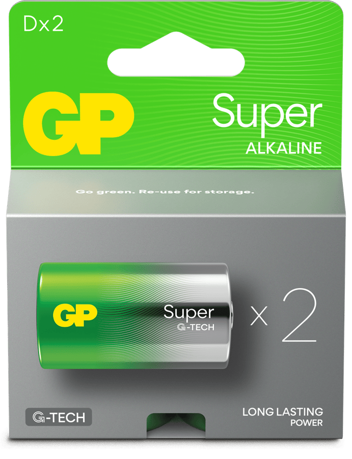 GP Super Alkaline Battery, Size D, 13A/LR20, 1.5V, 2-pack 