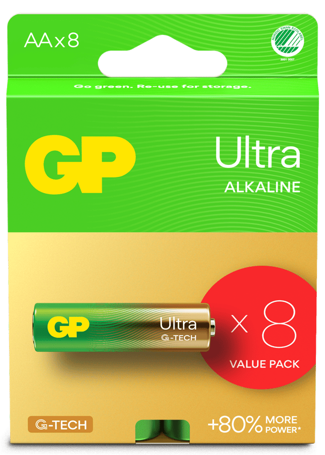 GP Ultra Alkaline Battery, Size AA, 15AU/LR6, 1.5V, 8-pack