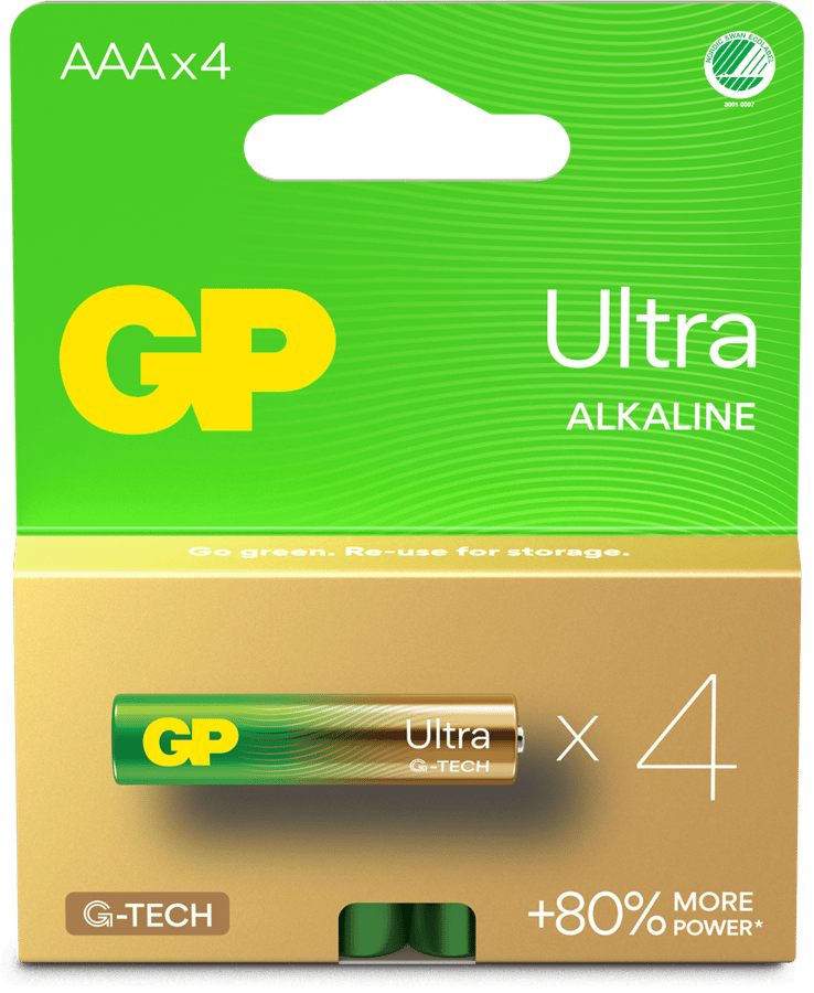 GP Ultra Alkaline Battery, Size AAA, 24AU/LR03, 1.5V, 4-pack