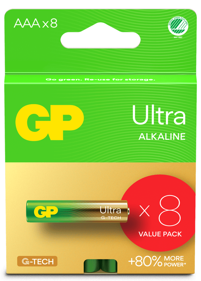GP Ultra Alkaline Battery, Size AAA, 24AU/LR03, 1.5V, 8-pack