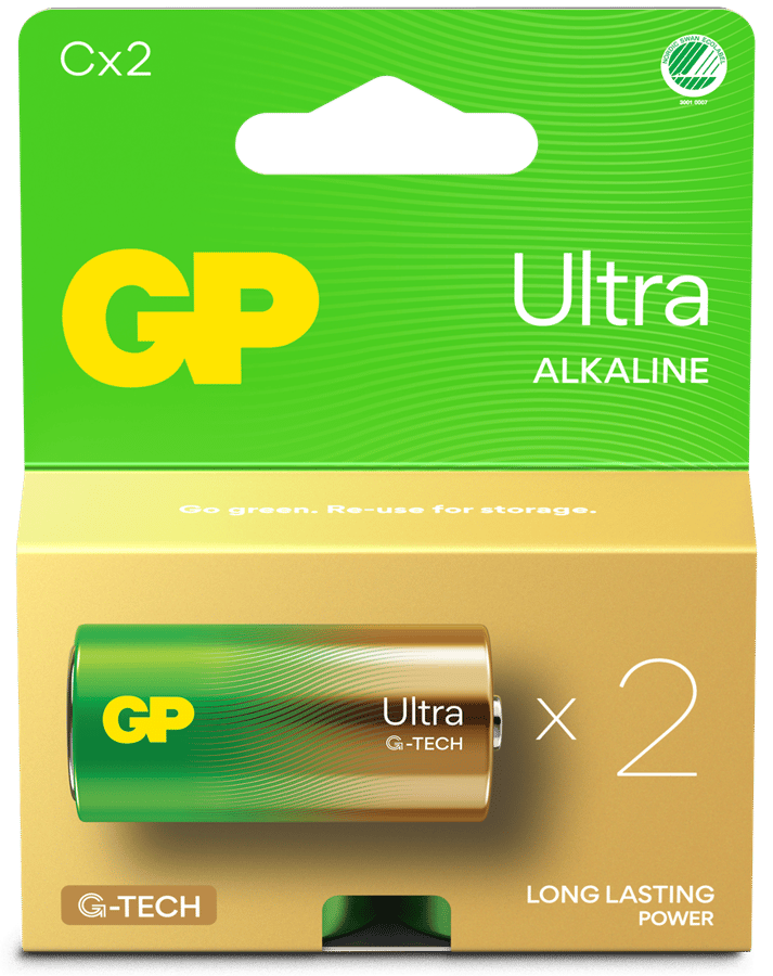 GP Ultra Alkaline Battery, Size C, 14AU/LR14, 1.5V, 2-pack