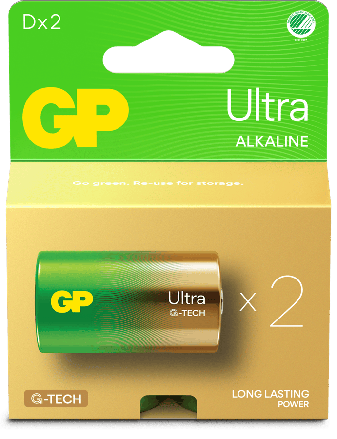GP Ultra Alkaline Battery, Size D, 13AU/LR20, 1.5V, 2-pack