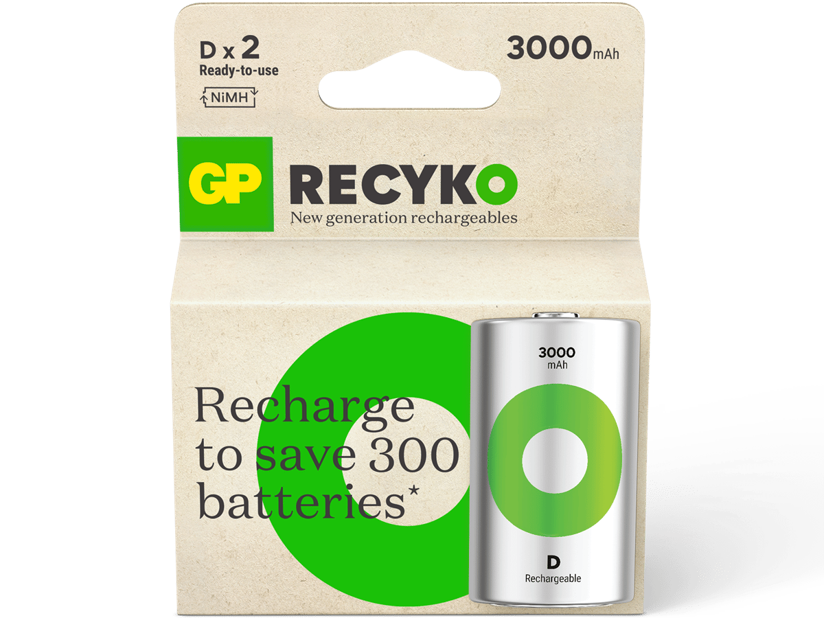 GP ReCyko Rechargeable Battery, Size D, 3000 mAh, 2-pack