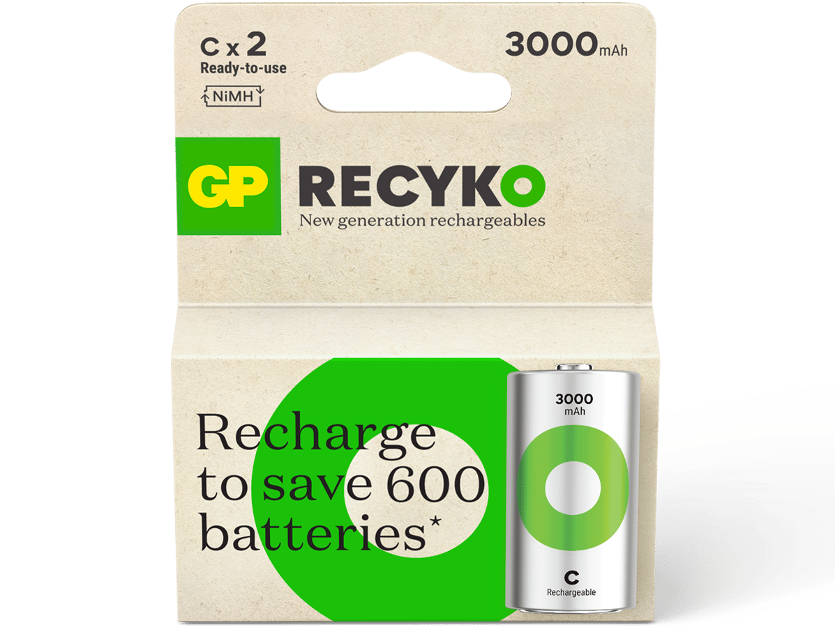 GP ReCyko Rechargeable Battery, Size C, 3000 mAh, 2-pack