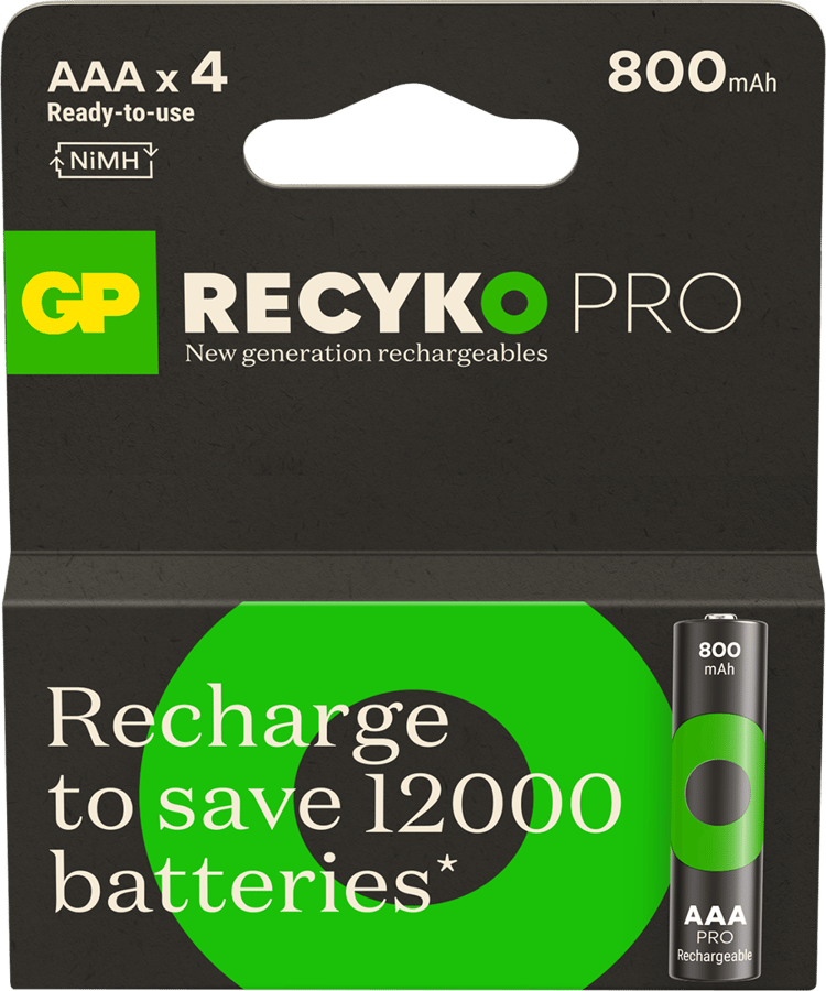 GP ReCyko Pro Rechargeable Battery, Size AAA, 800 mAh, 4-pack