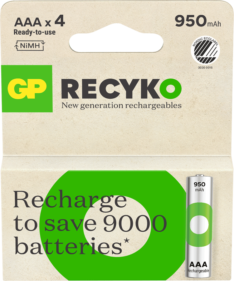 GP ReCyko Rechargeable Battery, Size AAA, 950 mAh, 4-pack