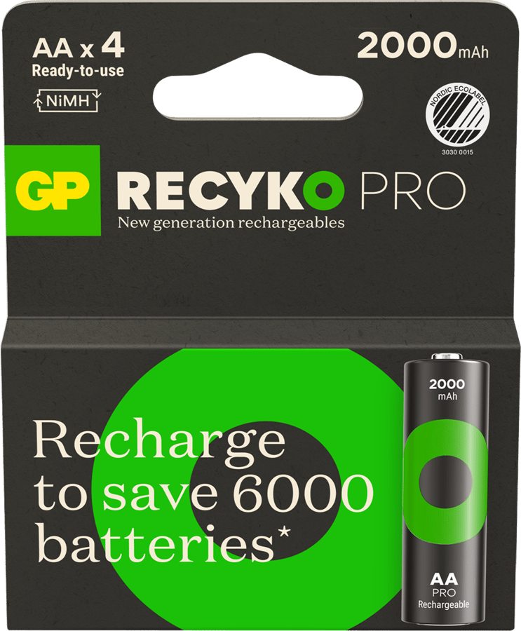 GP ReCyko Pro Rechargeable Battery, Size AA, 2000 mAh, 4-pack