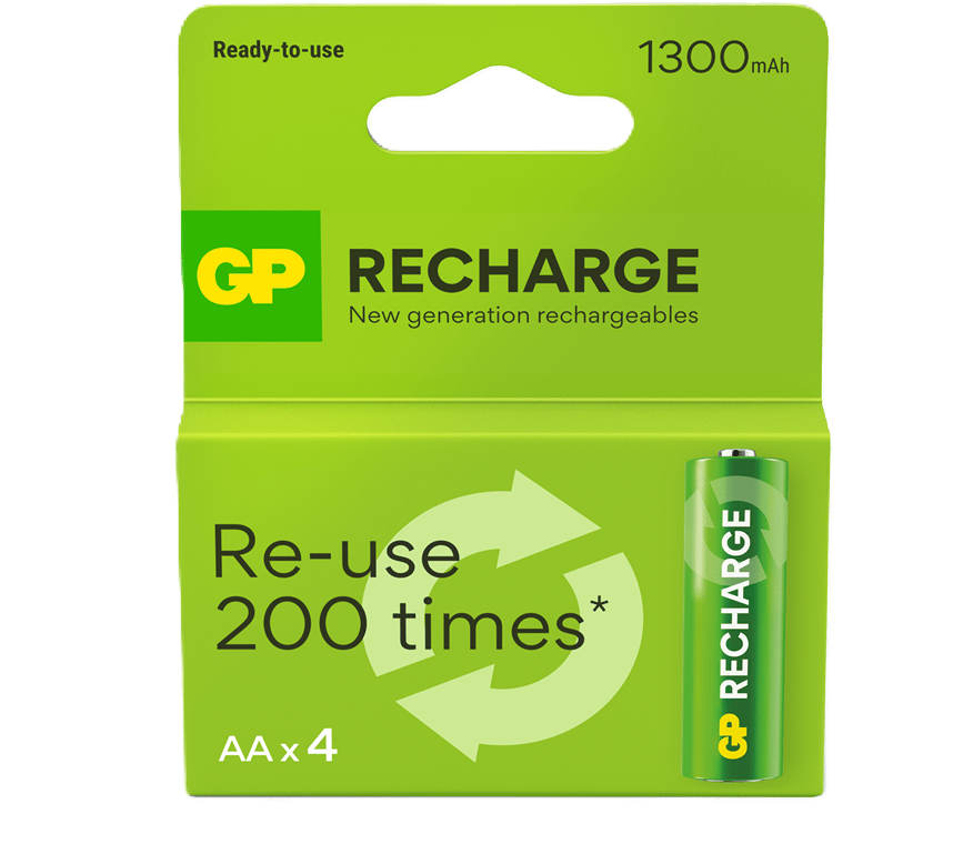 GP Recharge Rechargeable Battery, Size AA, 1300 mAh, 4-pack