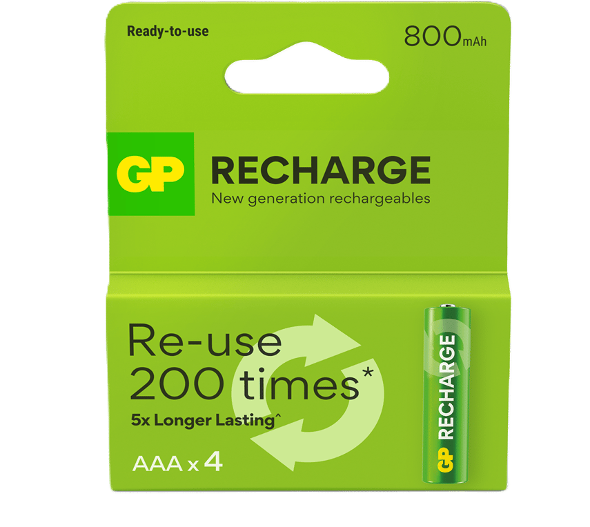 GP Recharge Rechargeable Battery, Size AAA, 800 mAh, 4-pack