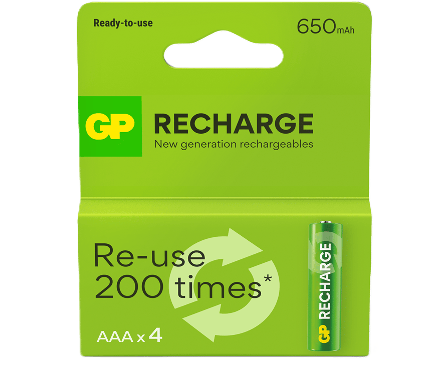 GP Recharge Rechargeable Battery, Size AAA, 650 mAh, 4-pack