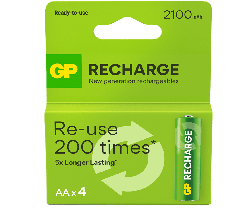 GP Recharge Rechargeable Battery, Size AA, 2100 mAh, 4-pack