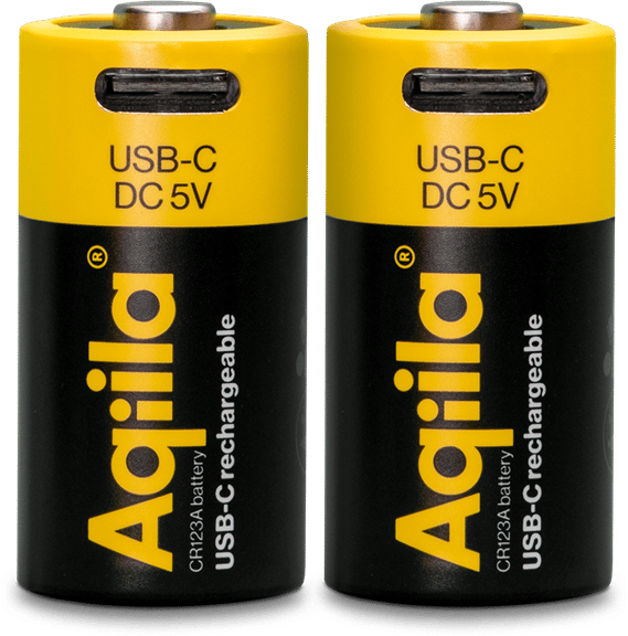 Aqiila USB-C Rechargeable Battery, CR123A, 750 mAh, 2-pack