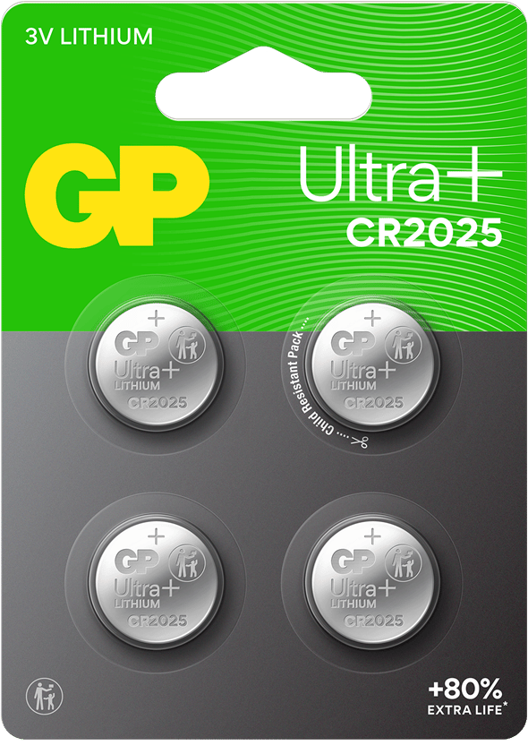 GP Ultra Plus Lithium Cell Battery CR2025, 3V (4-pack)