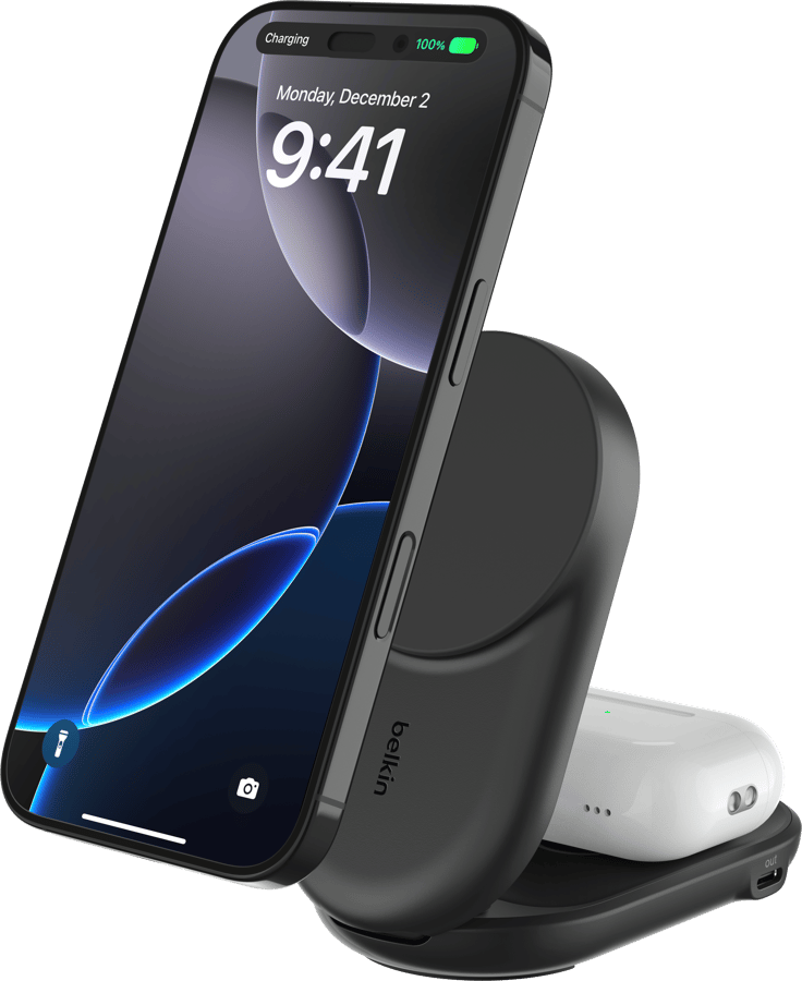 Belkin UltraCharge 2-i-1 hopfällbar magnetisk laddare med Qi2 25W - Svart