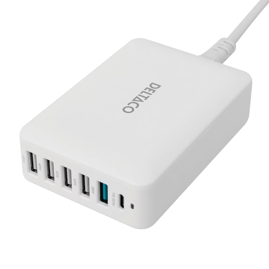 DELTACO USB-laddningsstation med 6 portar USB-A & USB-C, 60 W, vit