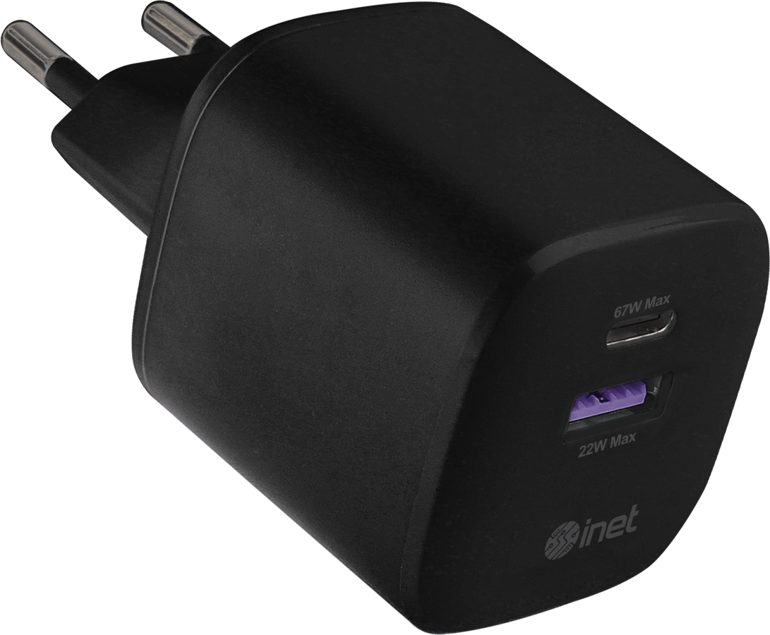 Inet Väggladdare GaN 1x USB-C 1x USB-A 67W