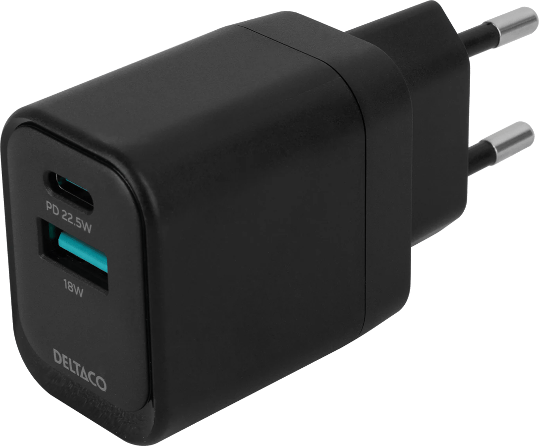 DELTACO Väggladdare 1x USB-A 18 W, 1x USB-C PD 20 W