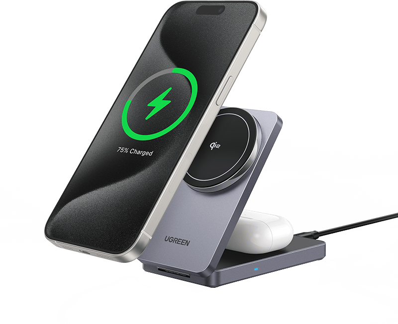 UGREEN Magflow Qi2 2-In-1 Trådlös laddare Grå