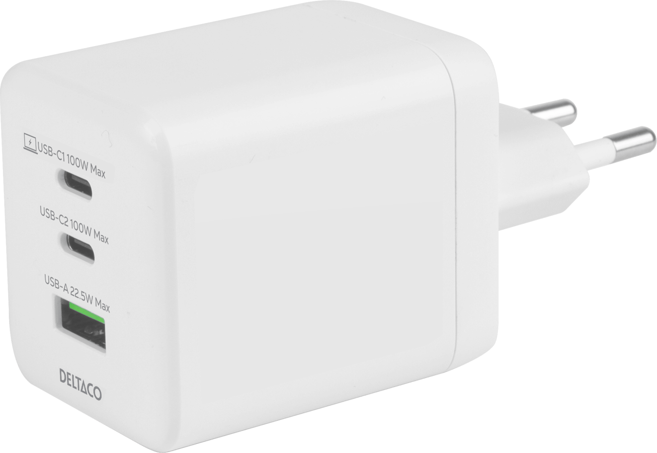 DELTACO Väggladdare 1x USB-A 2x USB-C 100 W Vit